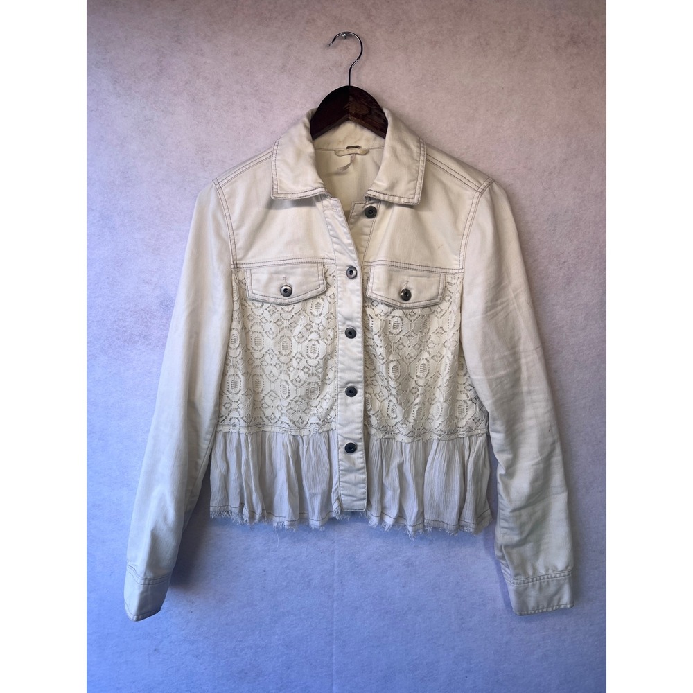 Free People Ivory Lace Peplum Denim Jacket Cream Boho Western Coastal Cowgirl